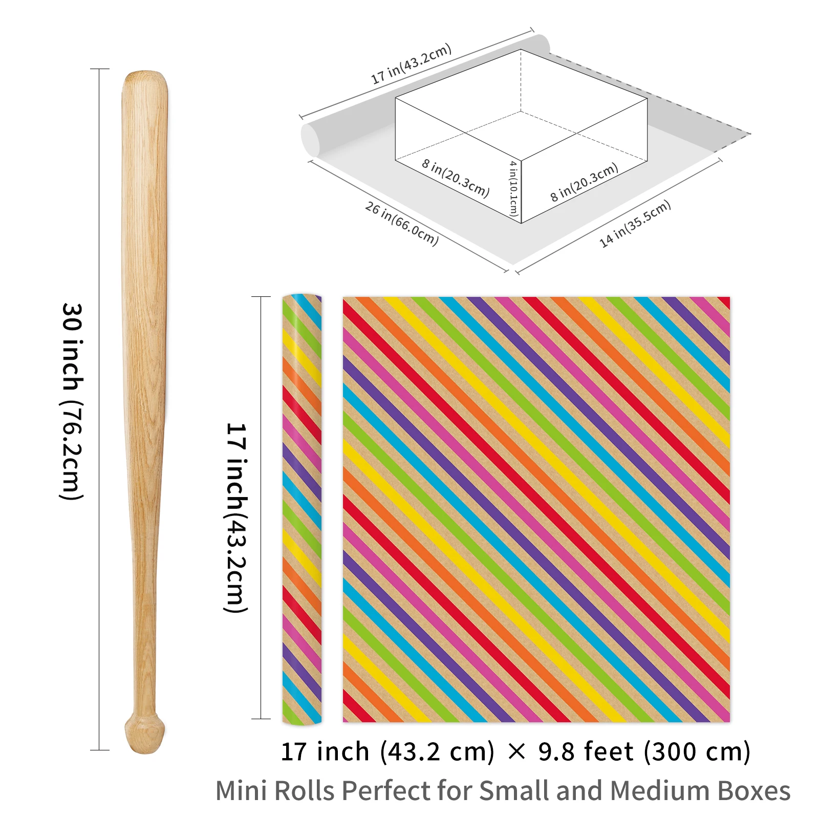 1 Roll of Kraft Paper with Rainbow Stripes for Gift Wrapping, Brightly Colored Diagonal Rainbow Stripe Printed Birthday Gift Wrapping Roll, Pride, DIY Craft Decoration, 43.2cm X 300cm