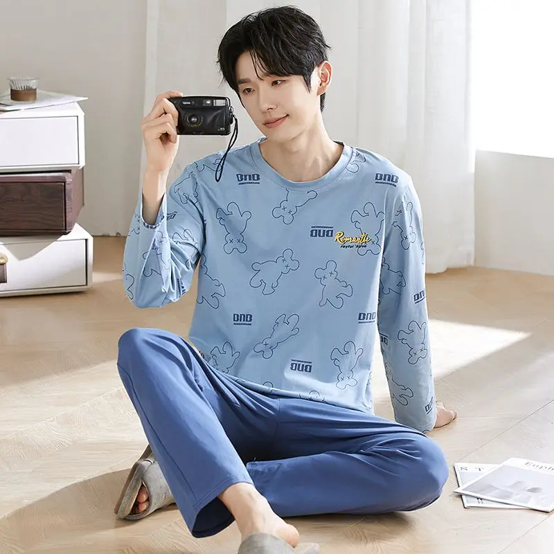 أطقم بيجامات قطنية 100% بأكمام طويلة لخريف 2025 للرجال ملابس نوم كورية فضفاضة عالية الجودة ملابس منزلية للرجال ملابس منزلية #6