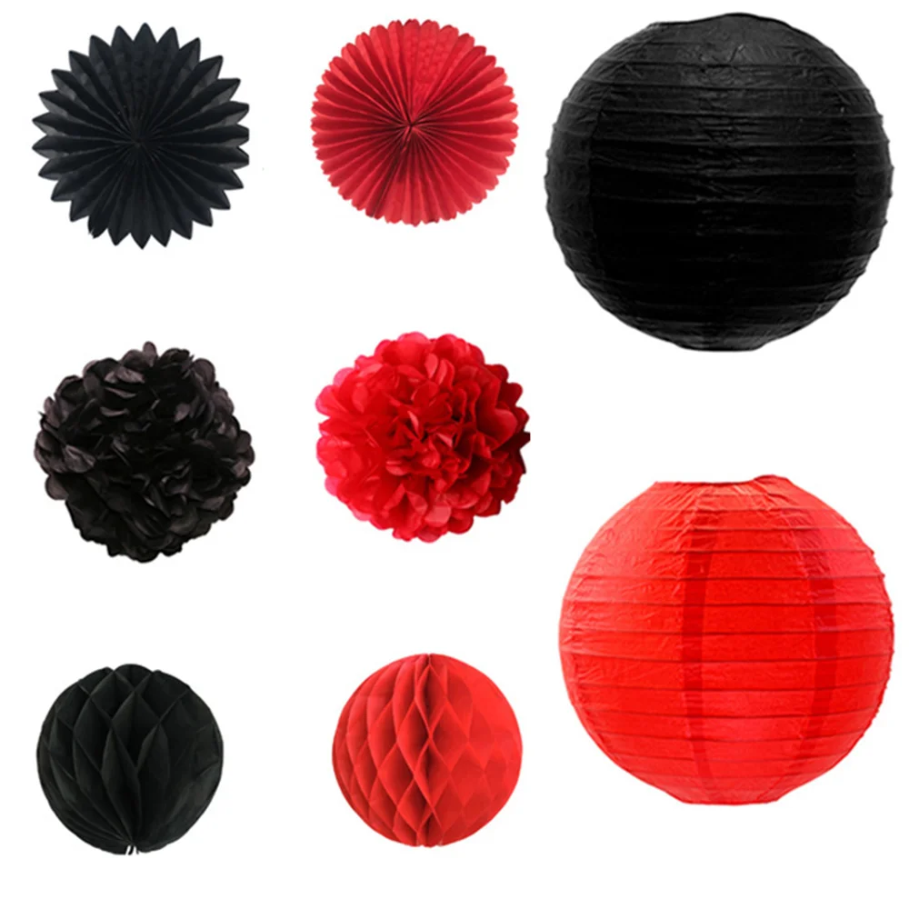 Black and Red Paper Decorations Tissue Pom Poms Lanterns Paper Flower Hanging Fans Honeycomb Balls Birthday Baby Shower Supplies