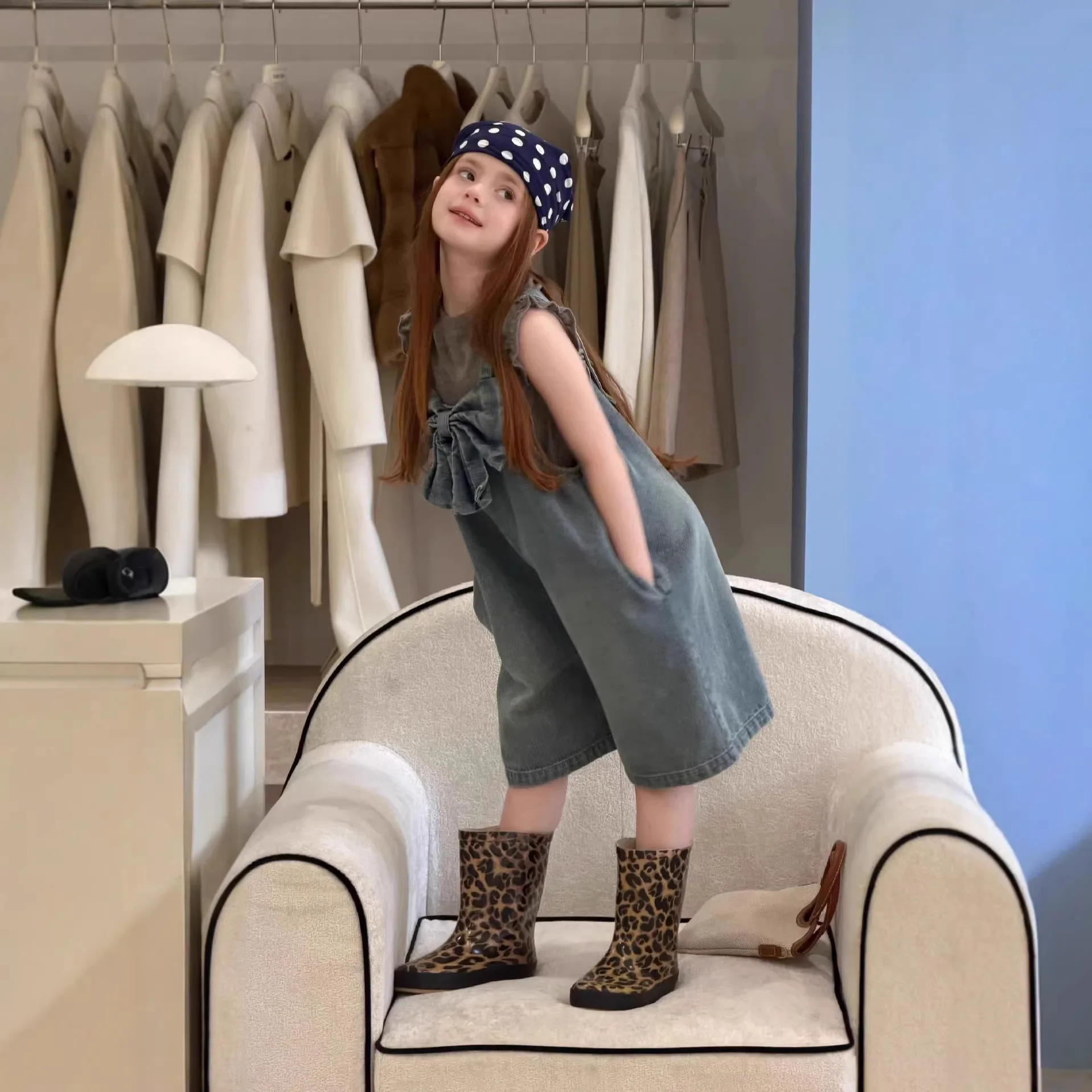 

Girls Suspender Pant 2026 Spring Summer New Girls Bow Versatile Children Design Sense Strap Jumpsuit Cowboy Strap Pants