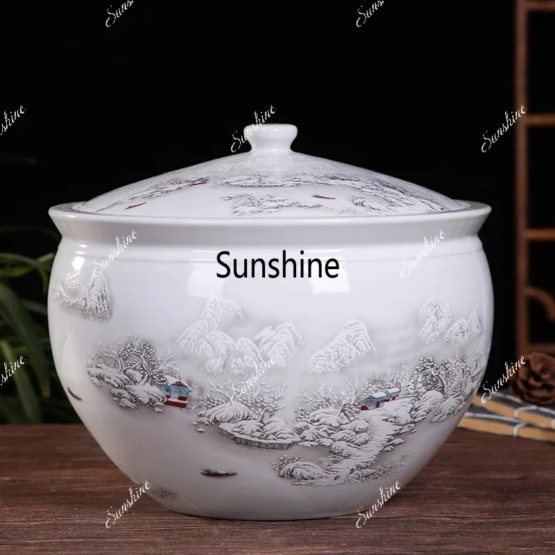 Lidded blue-and-white rice jar, ceramic rice storage box, lard-pickled vegetable tea canister, household use