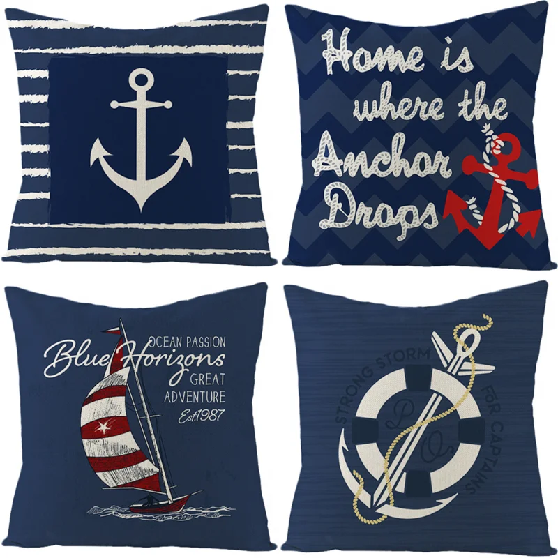 

Couch Decorative Pillow Covers 18x18 Inches Navy Blue Pillow Case Boat Anchor Print Cushion Cover Outdoor Home Decor Pillowcases