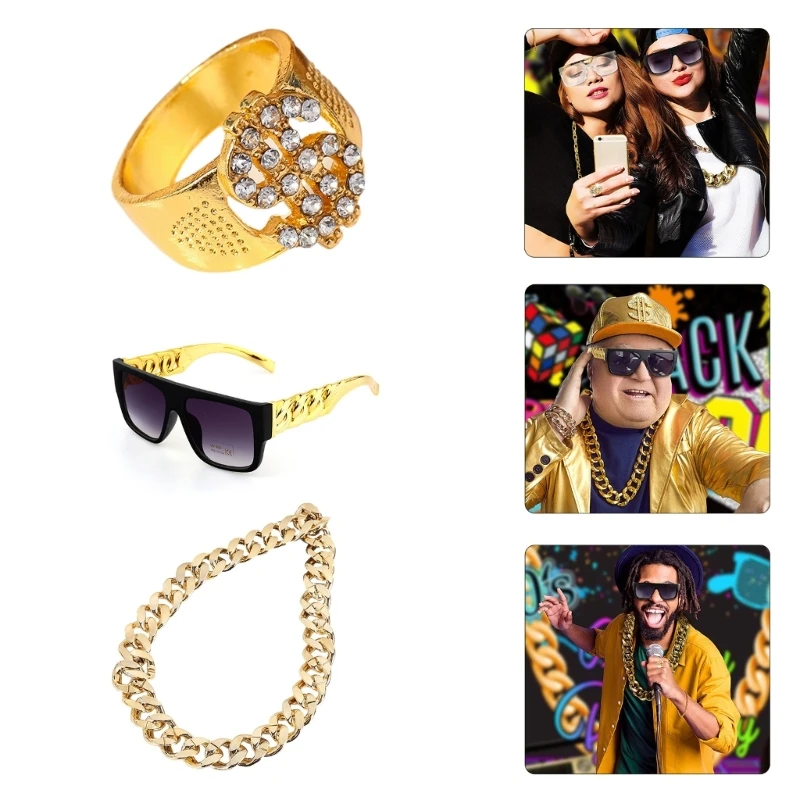 Hip Hop Costume Kit 80s/90s Rapper Accessories Hat Sunglasses Gold Chain Rings Outfit for Men Women Halloween Cosplay