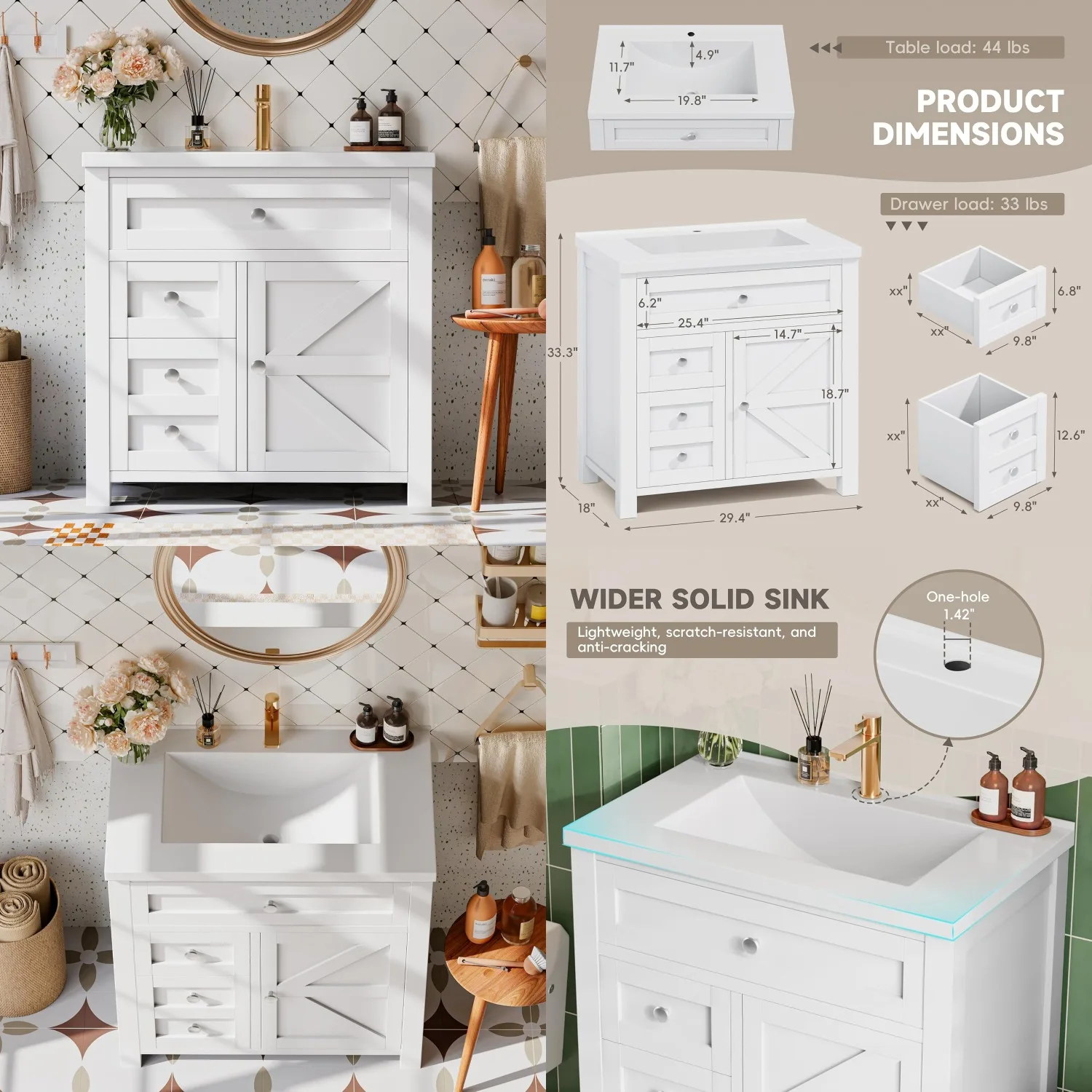 

30" Wood Pedestal Bathroom Vanity Sink Cabinet Drawer Pure White Spacious Storage, Customized