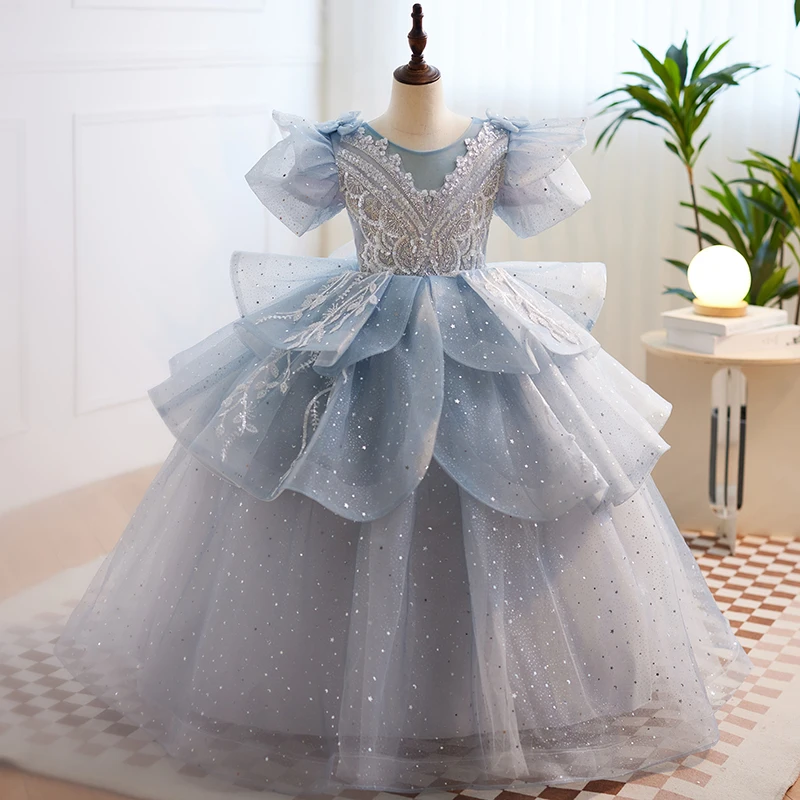 Tule azul princesa vestido em camadas menina crianças puff manga o-pescoço floor-length chiffon vestidos de lantejoulas brilhantes rendas beading vestido de baile