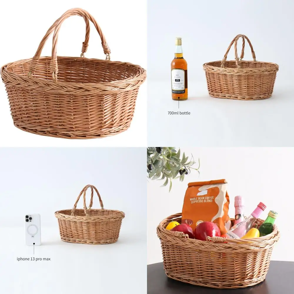 

wicker picnic basket with handles, handwoven gift basket, shopping basket, natural brown