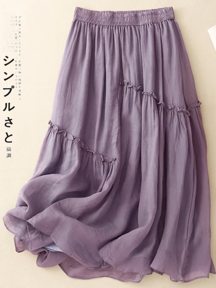 

Summer Thin Cotton Linen Double Layer Asymmetrical A-Line Skirt Women's Midi Skirt Vintage Style Gathered Hemline mid Waist