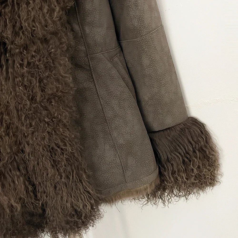 OFTBUY New Winter Warm Curly Mongolia Sheep Fur Jacket Women Vintage Shearling Coat Slim Faux Suede Real Rabbit Fur Clothing