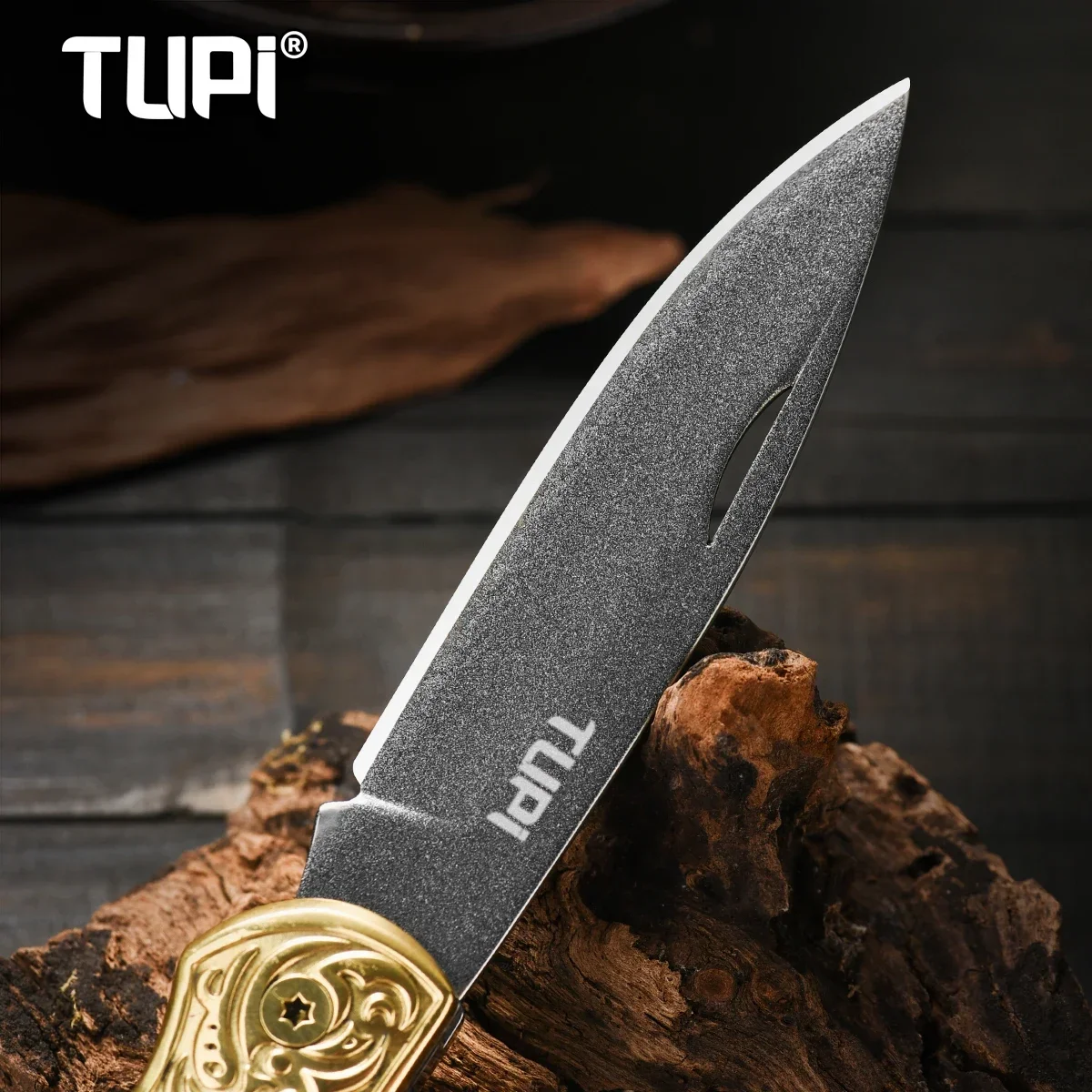 Wooden Handle Folding Knife Three Layer D2 Steel High Hardness Small Knife Brass Relief Camping Multifunctional Knife