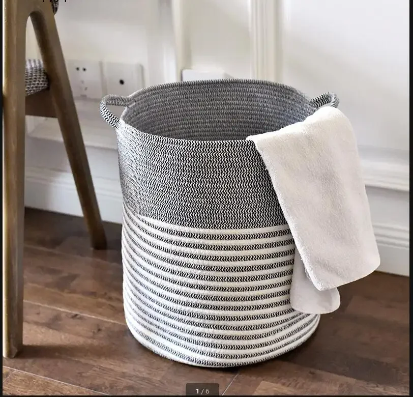 

Cotton Woven Dirty Laundry Basket Hand-woven Storage Basket High Capacity Cotton Woven Baskets Toy Storage Bucket Home Organizer