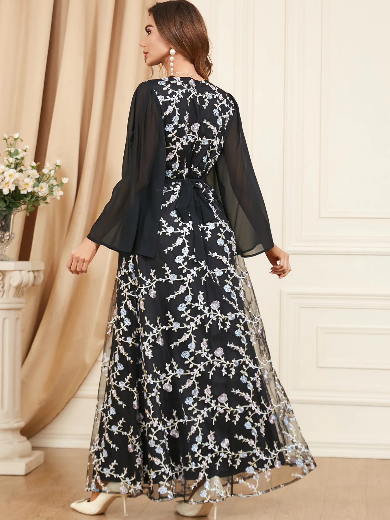 Uni Maxi Dress Black Mesh Patchwork V-Neck Full Sleeve Chic Floral Embroidery Elegant Party Abaya Dresses For Women Muslim