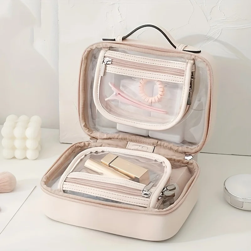

1pc Transparent Waterproof Double Layer Travel Bag, Toiletry Container, Traveling Makeup Bag, Suit For Bathroom Bedroom Or On