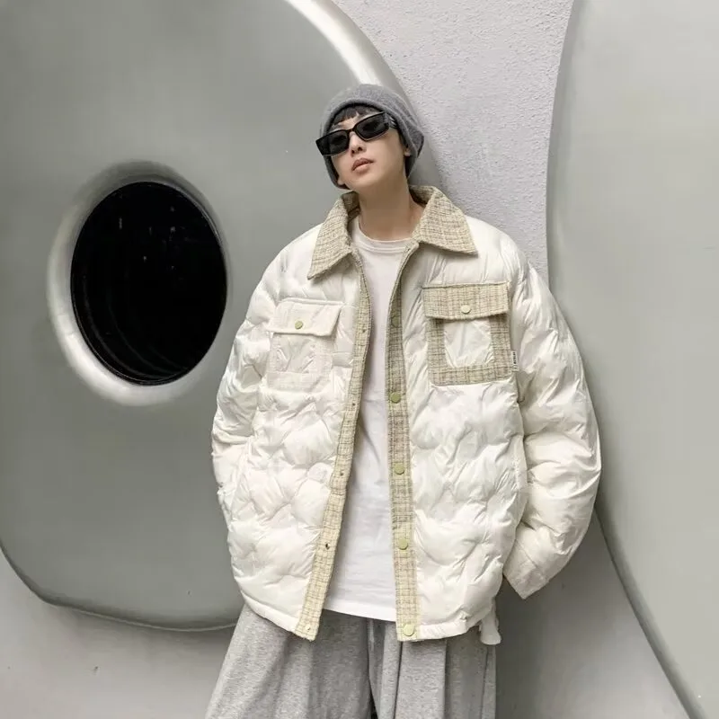 A High-end Cotton-padded Jacket for Men  Winter Featuring Korean Style with Patchwork Lapel and Trendy Casual Look Fashion Warm