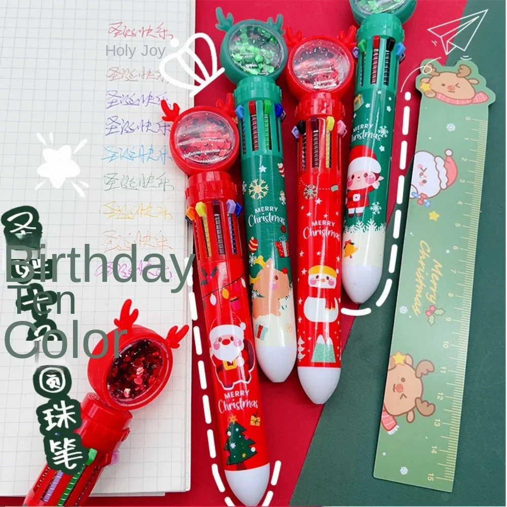 12 Pcs Cartoon Christmas Ten-color Ballpoint Pen Press Color Oil Pen Student Multi-function Writing Supplies