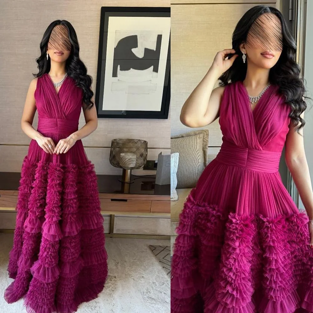 

Custom Made Luxury V-neck Tulle Tiered Ruffles Sleeveless Saudi Evening Dresses A-line Backless Floor Length Prom Gown