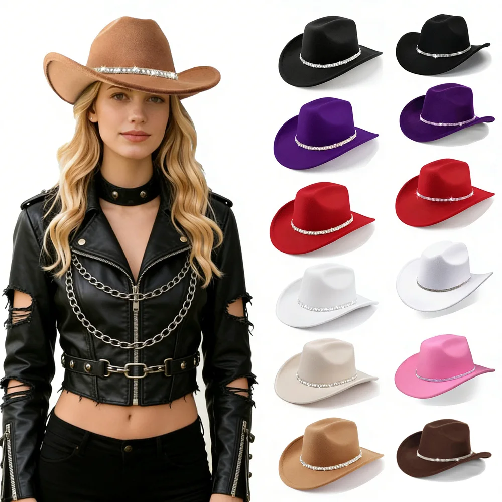 Cowboy Hat Secure Wide Brim Hat Rhinestone Decorated Hat Stiff For Parties Daily Travel Women