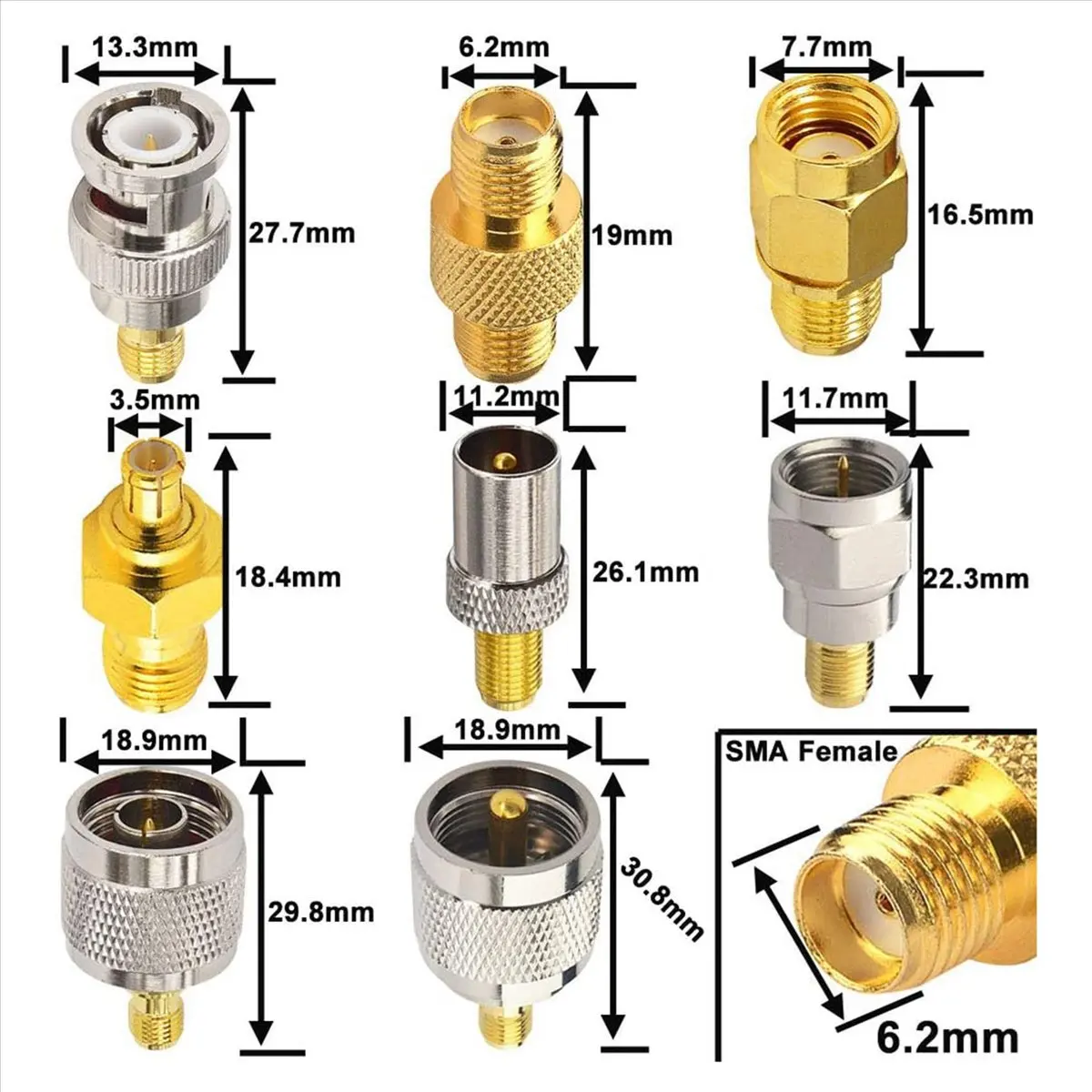 SDFC 3 Set 16 Type SMA Connectors SMA Adapter Kits SMA to MCX/TV/F/N/BNC/UHF/RP-SMA Straight Type Nickel Gold Plated