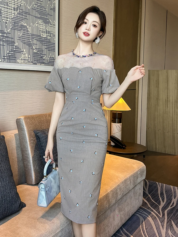 

Work Style Striped Floral Formal Occasion Dress Women Clothes Commute Elegant Sheer Sexy Puff Sleeve Midi Pencil Party Vestidos