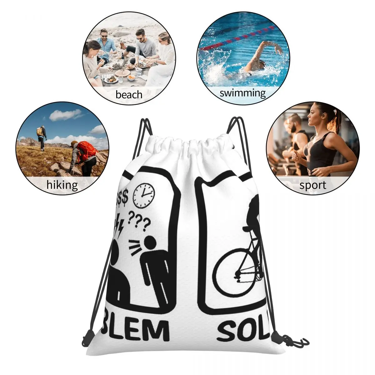 Funny Problem Solved Cycling Backpacks Casual Portable Drawstring Bundle Pocket Sports Bag Book Bags For Man Woman School