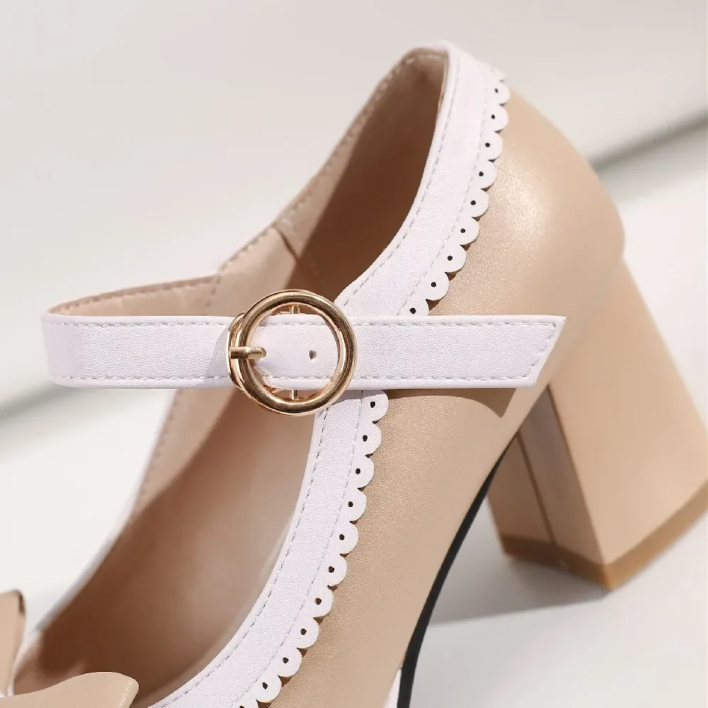 Green Bowknot Platform Mary Janes Women Round Toe High Block Heel Sweet Apricot Party Dress Show Lolita Girl Buckle Strap Pumps