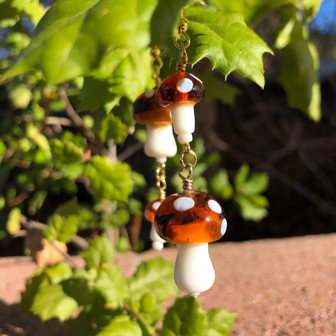 3D Mushroom Earrings, Bohemian Jewelry, Punk Earrings, Green Leaves, Natural crystal, Women ear hooks, Colorful Mushroom Fringe