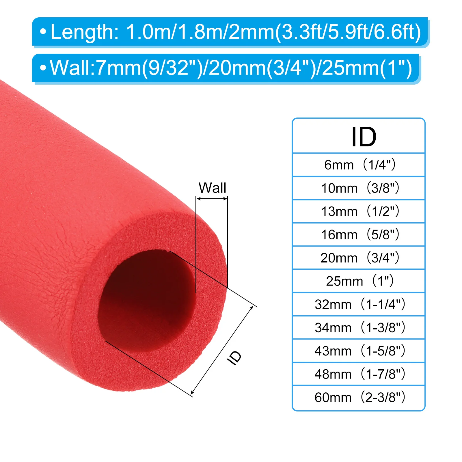 uxcell 1m/2m Pipe Insulation 20mm Thickness Rubber Foam Winter Freeze Protection Tube for Water Air Conditioning, Industrial