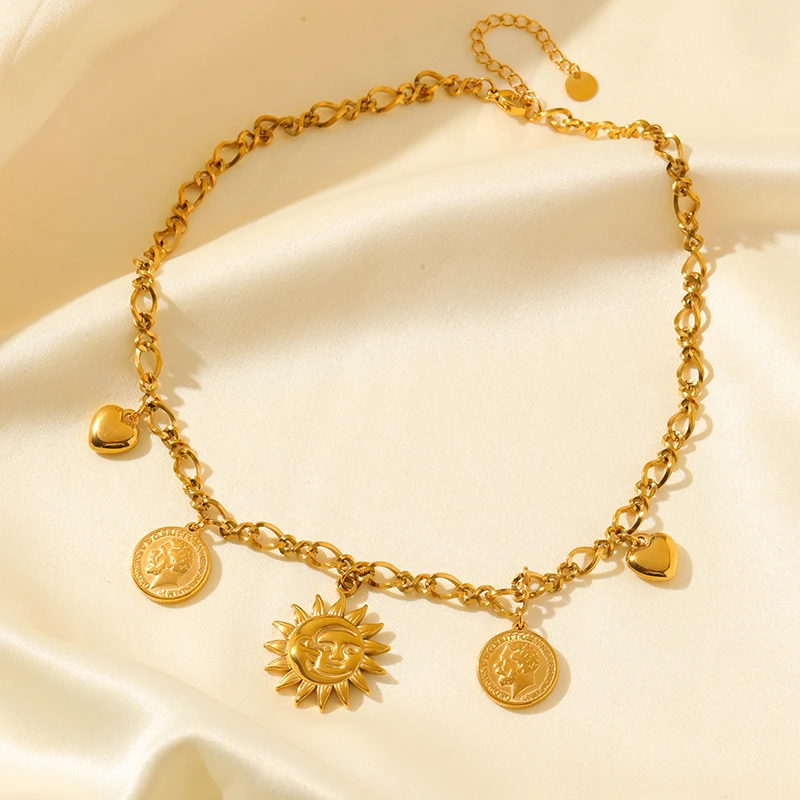 EILIECK 316L Edelstahl Vintage Münzen-Sonnen-Anhänger Halskette Armband Set 18K Vergoldet Choker Damen Halskette Bijoux Femme – Detail 15