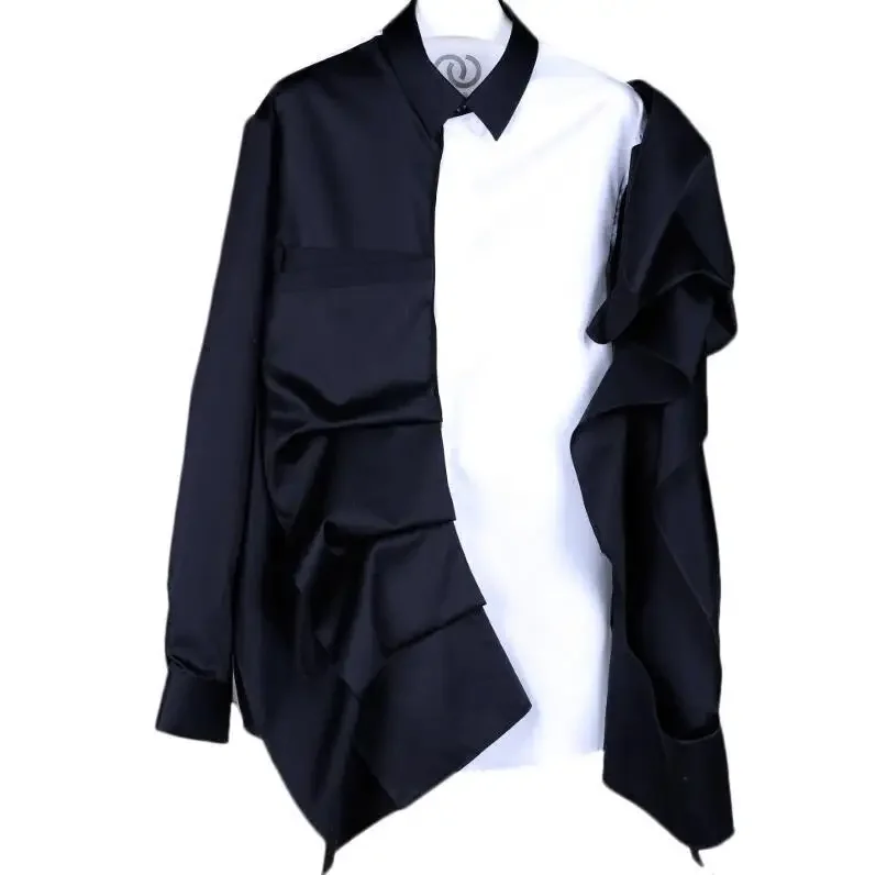 

S-6XL 2024 New Women And Men's Clothing Hair Stylist Original Designer's Asymmetric Folding Decoration Shirt Plus Size Costumes