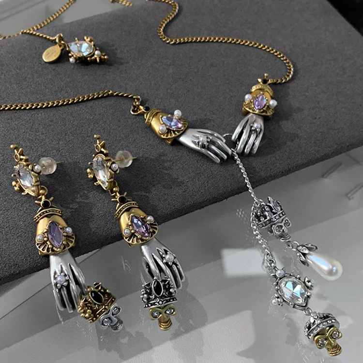 2023 Brand Designer Crystal Pearl Gem Cross Necklace Earring Luxury Jewelry Set Woman Goth Boho Trend