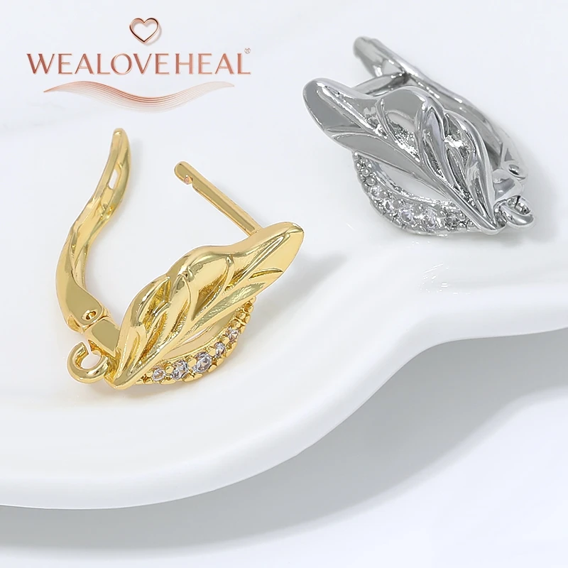 schmuckherstellung zubehör, Exquisite 18K vergoldete Messing-Blatt-Ohrringhaken, Pavé-Zirkon-Blumen-Französischer Ohrdraht mit Öse für DIY-Ohrhänger – Detail 19