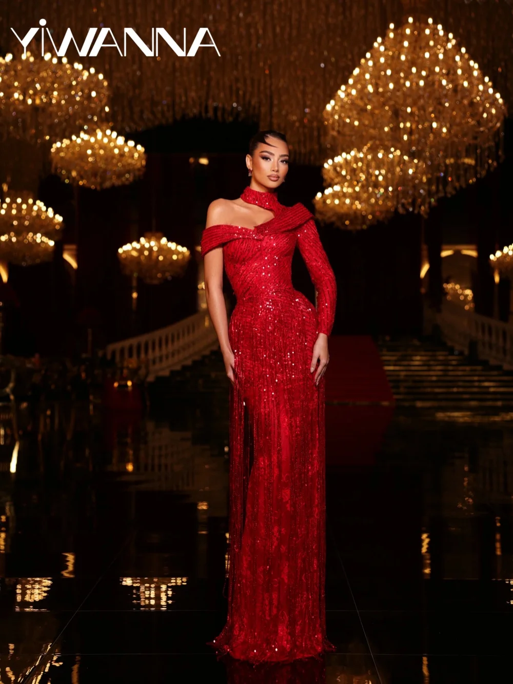 

Fully Hand Beaded Red Evening Dress With Tassel Lace Straight Long Wedding Party Gown New Customized Luxurious Prom Dresses