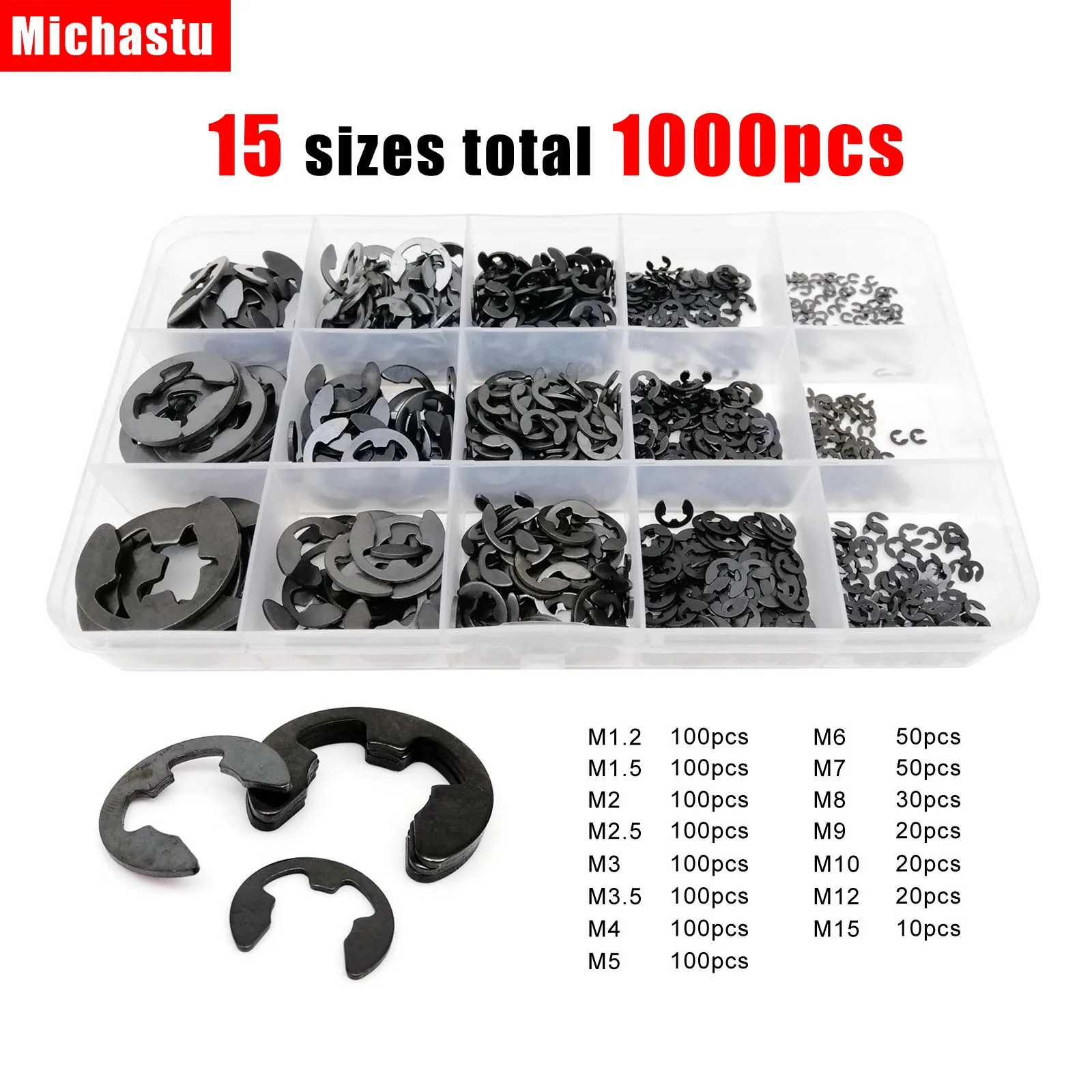 1000pcs/box E Type Circlip Shaft External Retaining Ring Clip Washer Mix 10 Sizes Assortment Kit Set Stainless Steel 65mn Steel