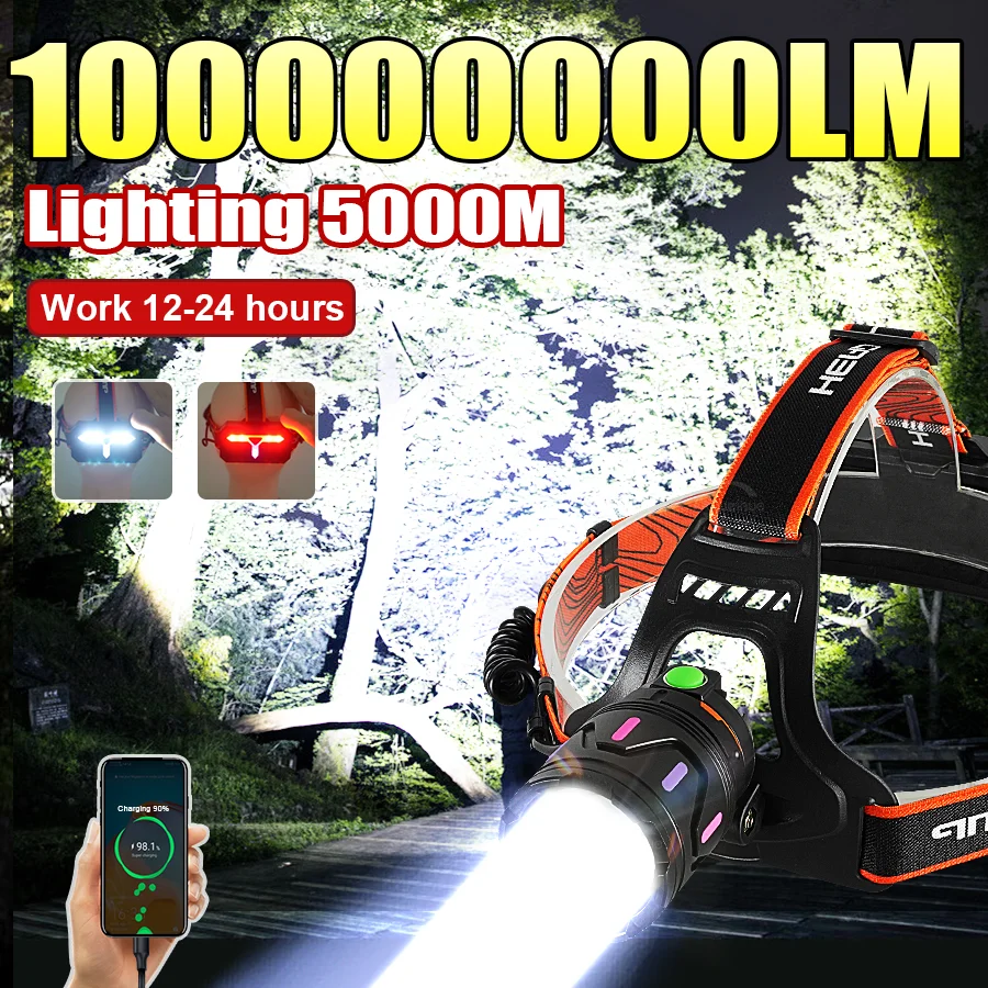 2026 Ultra Bright LED Headlights 100000000LM Powerful Headlamp With COB Light Rechargeable Headlight 18650 Camping Head Lantern
