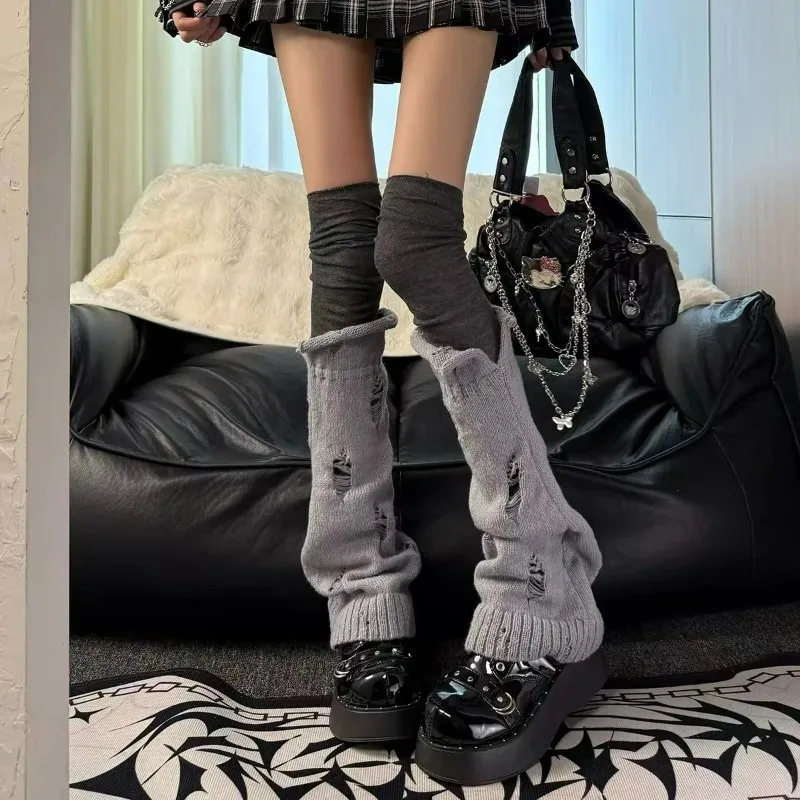 Distressed Hole Flanged Knit Leg Warmers Women Y2K Harajuku Punk Style Elastic Long Socks for Boots Streetwear Cosplay Gift Gray