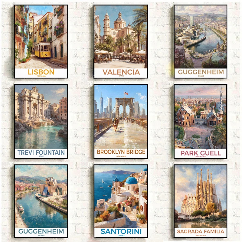 Famous Tourist Destination Rome Barcelona Bilbao Travel City Scenic Spots Posters Canvas Paintings Wall Art Pictures Home Decor