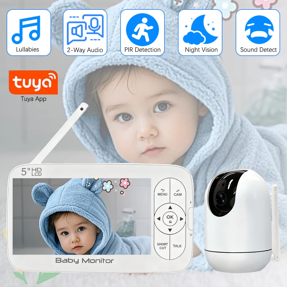 

TUYA 5 Inch Video Baby Monitor With Pan Tilt Camera Mother Kids Surveillance PTZ Video Cams Temperture Display Home Security Cam