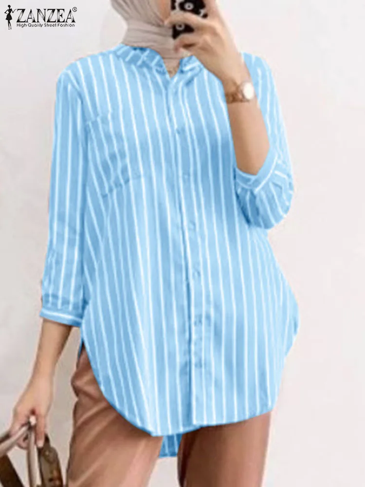 

ZANZEA Summer Striped Blouse Women Muslim Fashion Tops O Neck Long Sleeve Casual Shirt Turkey Abaya Kaftan Button Down Blusas