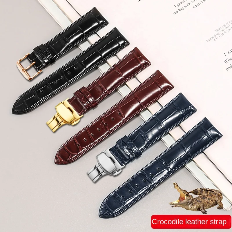 Flat Interface Crocodile Leather Watch Strap 12/13/14/15/16/17/18/19/20/21/22/23/24mm Butterfly Buckle Genuine Leather Watchband