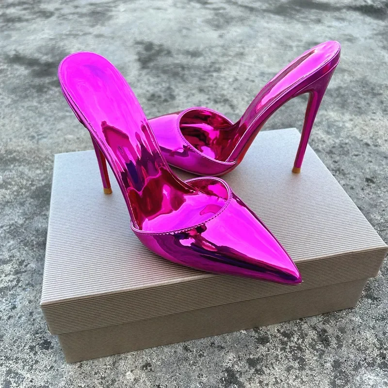 

Shiny Leather Slippers Women Pointed Toe High Heels Rose Red Mules Stiletto Dress Party Pull On Shallow Slides Outwear Shoes