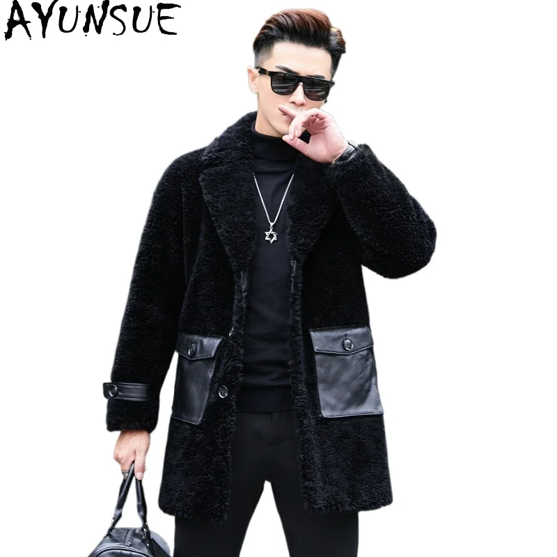 

AYUNSUE Genuine Sheepskin Leather Spliced 100% Wool Coats for Man Winter Mid-length Sheep Shearing Jacket Warm Fur Coats Jackets