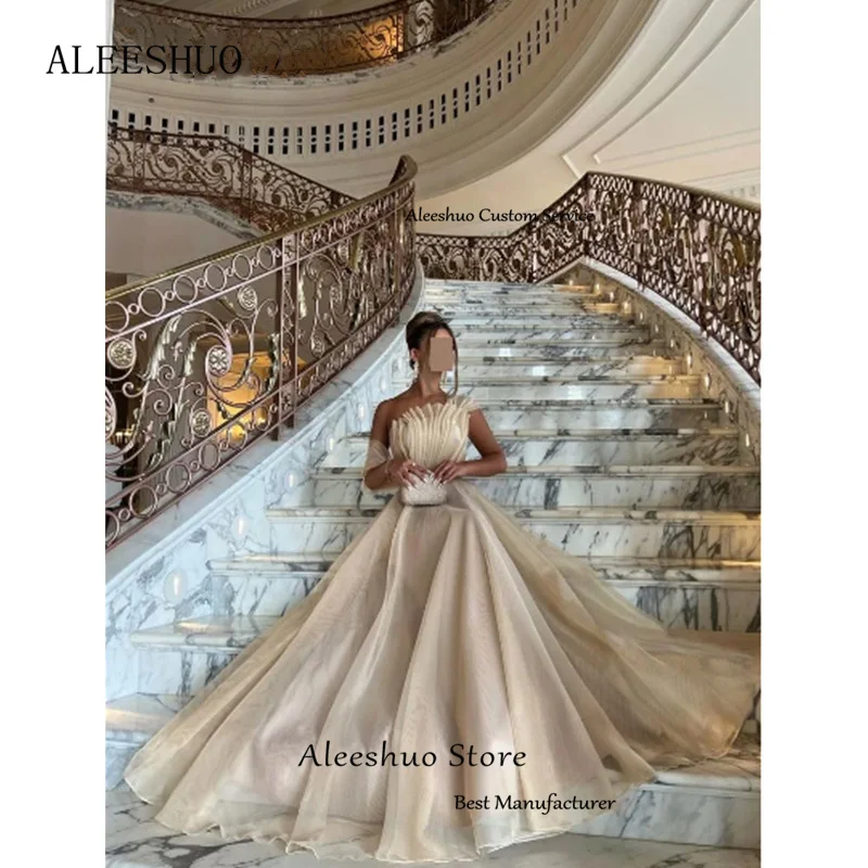 Aleeshuo Luxury Strapless Tulle Prom Dress Sleeveless Vintage Floor-Length Vestidos De Noche Ruffle A-line  فساتين مناسبة رسمية