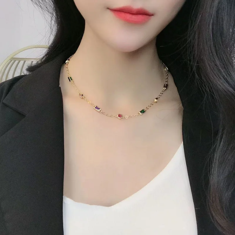 Women's Jewelry Necklace: European and American Style Color-Block Glass Stone Pendant, Elegant Rainbow-Colored Necklace