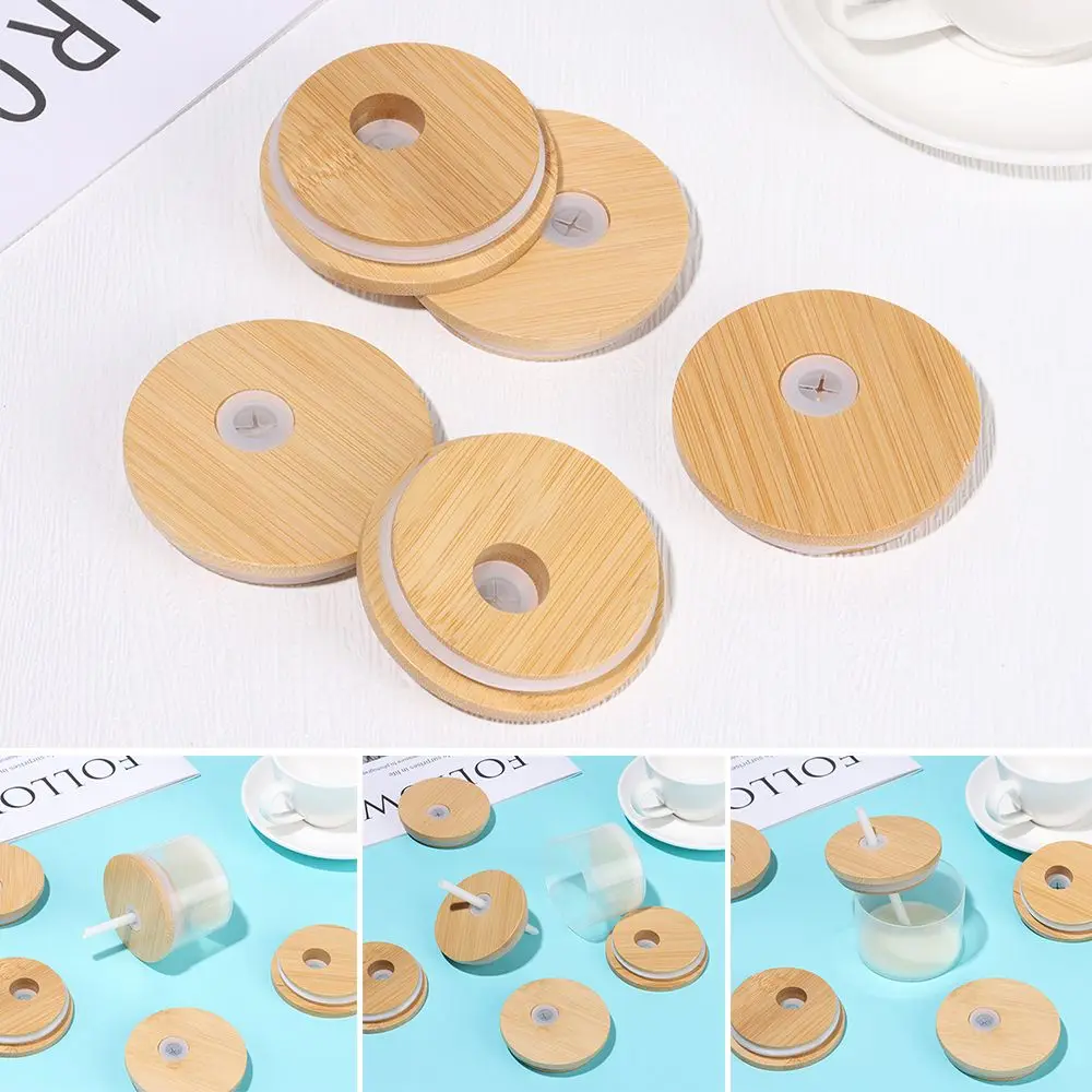 Bamboo Wood Lids With Straw Hole Mason Jar Lid Wide Mouth Cup Silicone Seal Ring Canning Caps Storage Bottles Reusable Gift