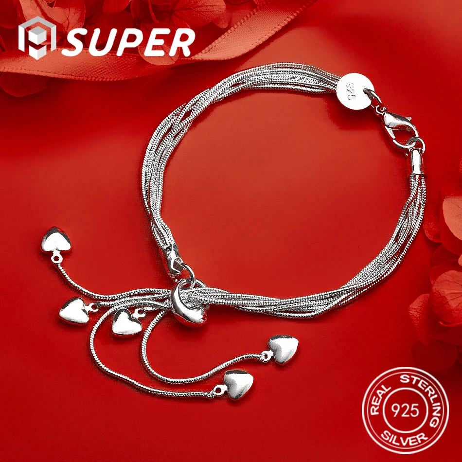 

ALISuper 925 Sterling Silver Exquisite Heart Pendant Bracelet Fashion Women Wedding Jewelry Party Gift Accessories