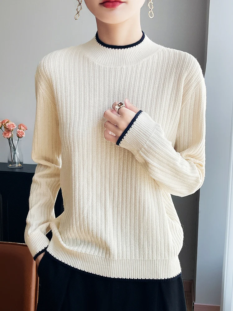 Autumn Winter Women Merino Wool Sweater Half High Neck Black Trim Vertical Rib Knit Loose Solid Warm Long Sleeve Daily Pullover