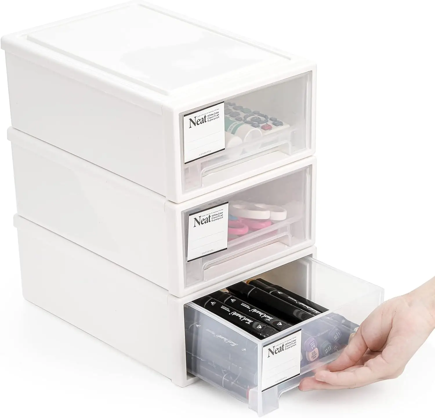 

3 Pack Plastic Stackable DrawerStorage Drawers Bins, Small Drawer-type Desk Organizer Boxes