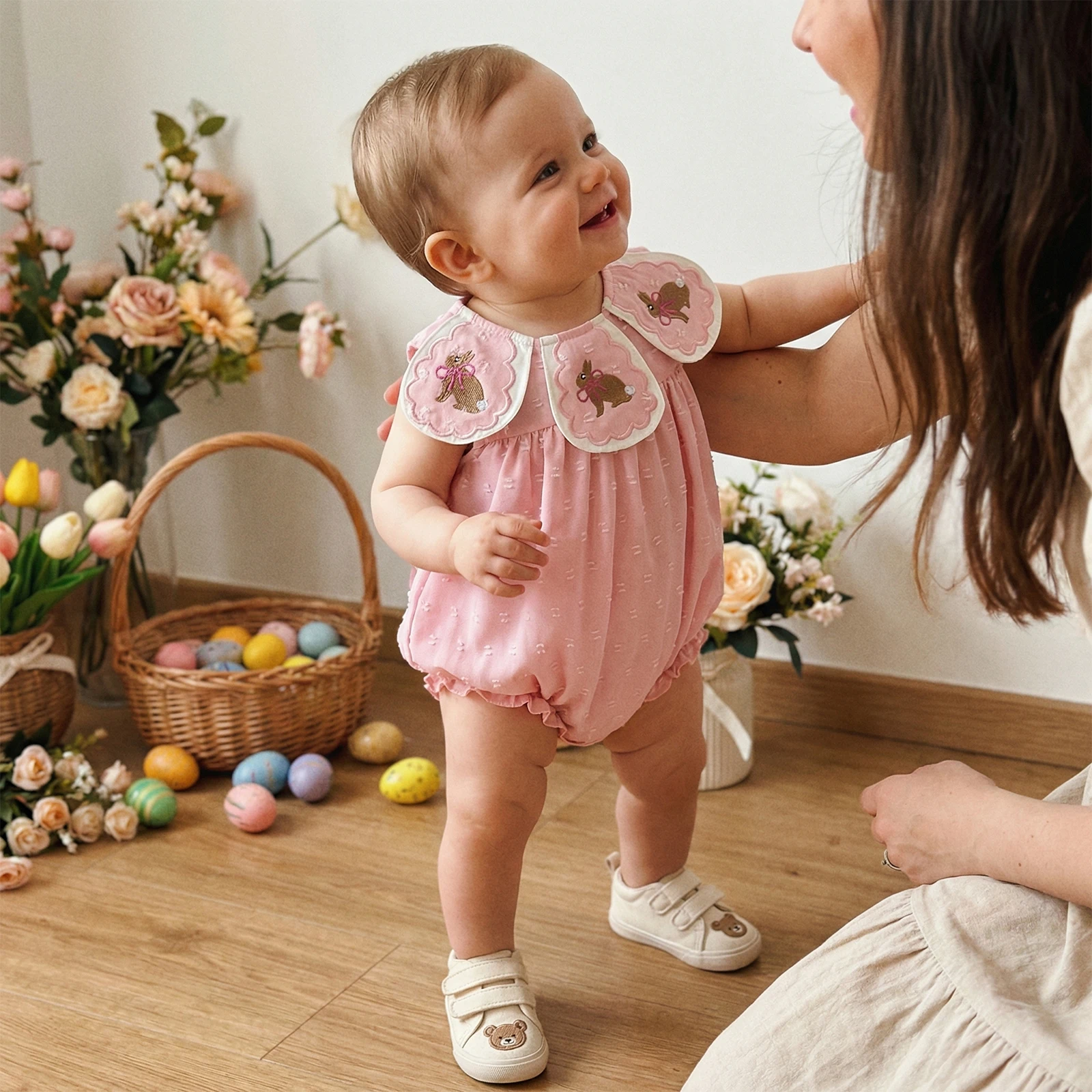 Baby Girls Rompers Easter Clothes Bunny Embroidered Crew Neck Sleeveless Infant Bodysuits Jumpsuits