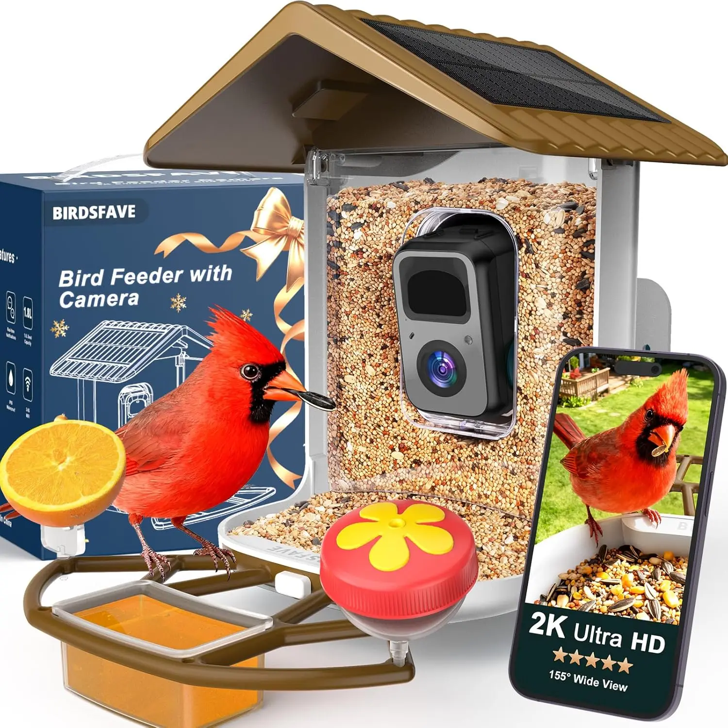 Solar-Powered Bird Feeder with 2K Camera, AI Identification, 32GB Card & Squirrel Defense - Perfect Gift for Bird Lovers