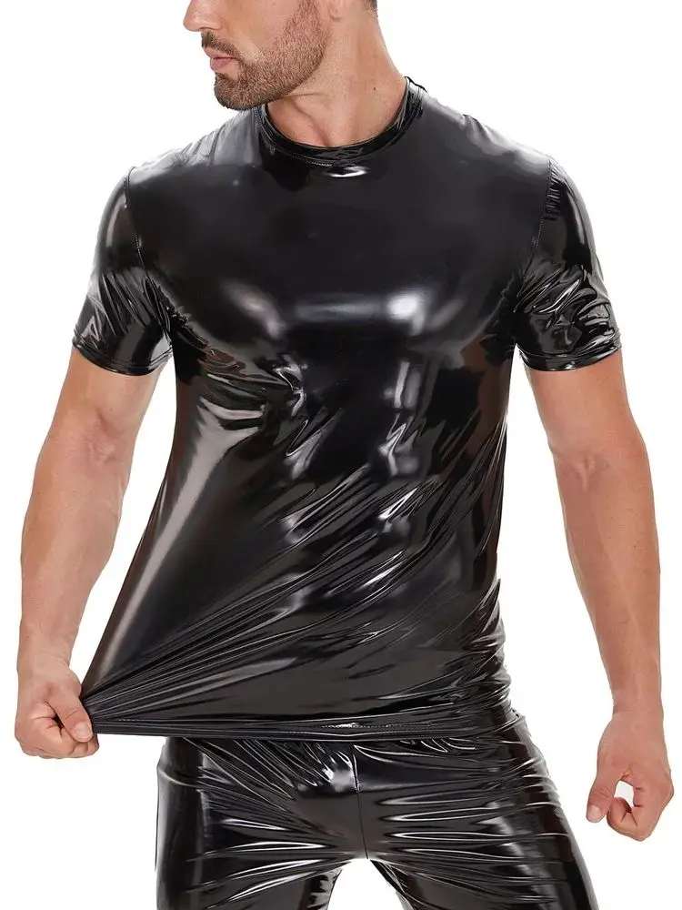 Neues Glänzendes Kunstleder Kurzarm Wet-Look PVC T-Shirt für Männer Hip-Hop T-Shirt Eng Anliegendes Sexy Hot Shapers Muskel-Bodybuilding-Oberteil