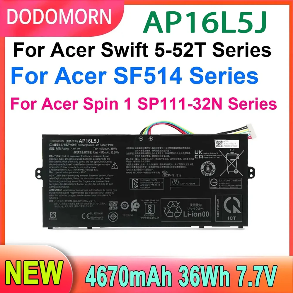 

DODOMORN AP16L5J Laptop Battery For Acer Swift 5-52T SF514-52T-59YX SF514-52T-56Q4 For Acer Spin 1 SP111-32N Series 2ICP4/91/91